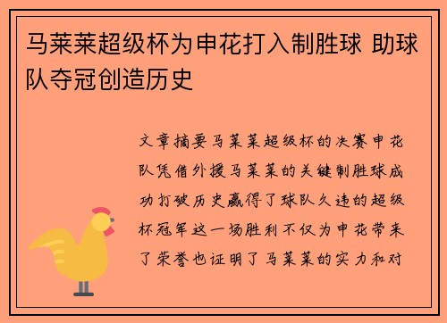 马莱莱超级杯为申花打入制胜球 助球队夺冠创造历史
